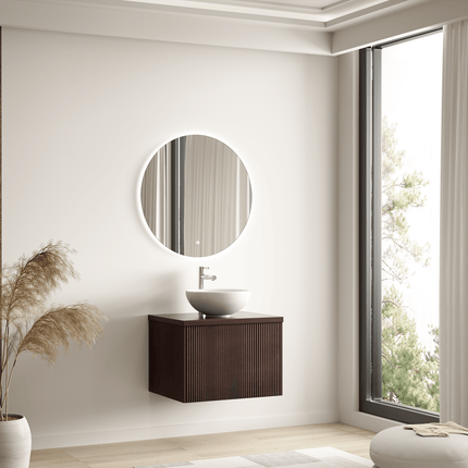 Meuble de salle de bains suspendu finition noyer avec vasque céramique blanche - 60 cm - Messina