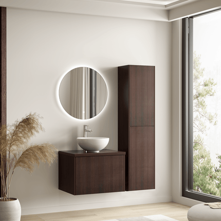 Meuble de salle de bains suspendu finition noyer avec vasque céramique blanche - 60 cm - Messina