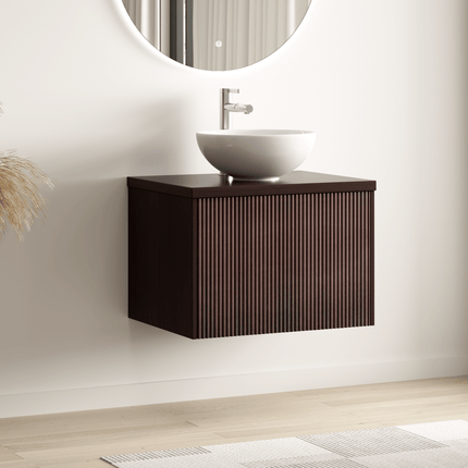 Meuble de salle de bains suspendu finition noyer avec vasque céramique blanche - 60 cm - Messina