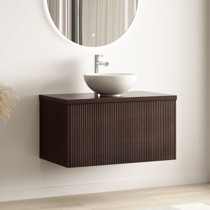 Meuble suspendu cannelé avec vasque céramique blanche - Noyer - 80 cm - Messina