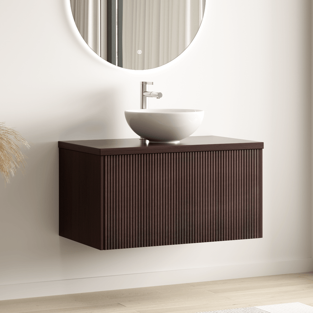 Meuble suspendu cannelé avec vasque céramique blanche - Noyer - 80 cm - Messina