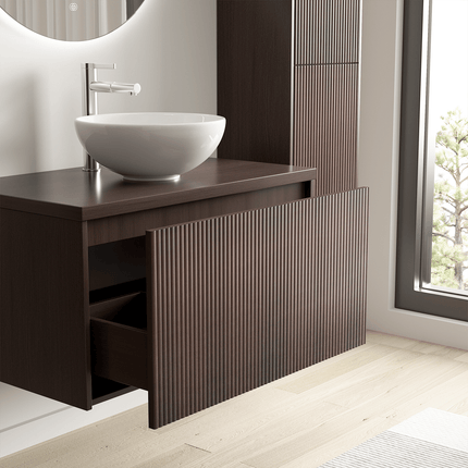 Meuble suspendu cannelé avec vasque céramique blanche - Noyer - 80 cm - Messina