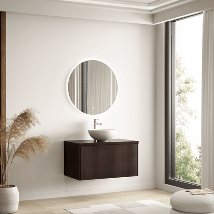 Meuble suspendu cannelé avec vasque céramique blanche - Noyer - 80 cm - Messina