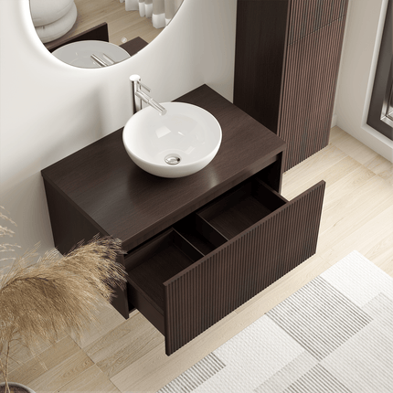 Meuble suspendu cannelé avec vasque céramique blanche - Noyer - 80 cm - Messina
