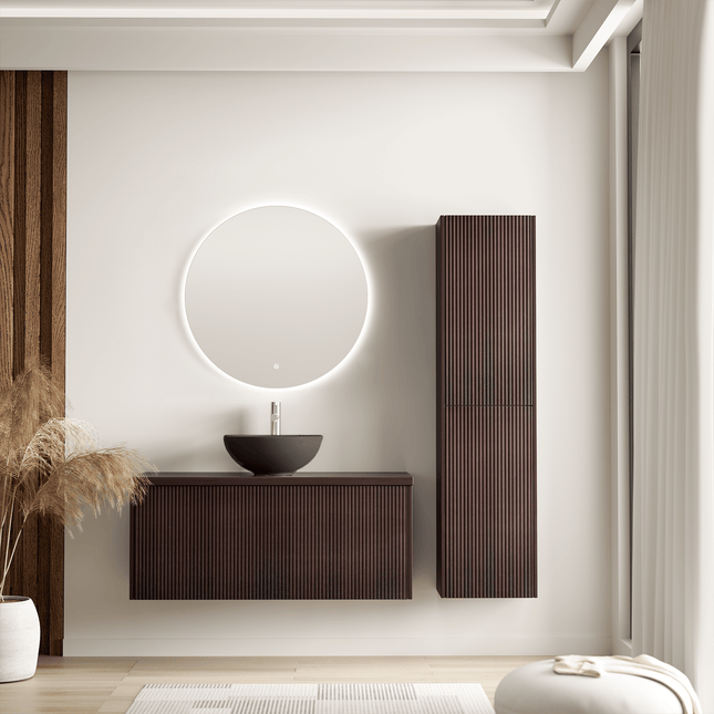 Meuble de salle de bain suspendu finition noyer avec vasque céramique noire - 100 cm - Messina