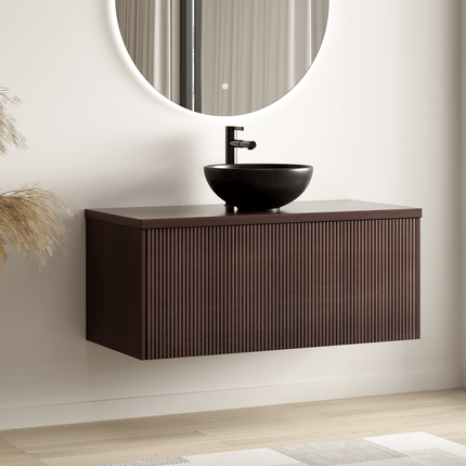 Meuble de salle de bain suspendu finition noyer avec vasque céramique noire - 100 cm - Messina