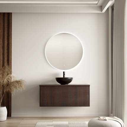 Meuble de salle de bain suspendu finition noyer avec vasque céramique noire - 100 cm - Messina