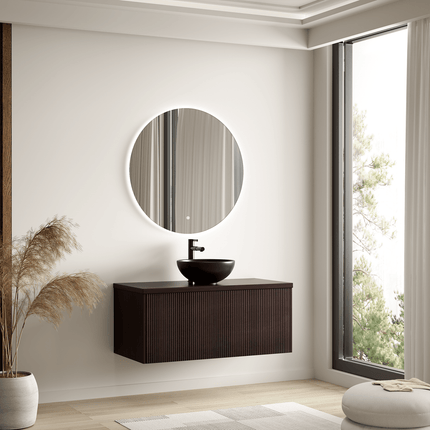 Meuble de salle de bain suspendu finition noyer avec vasque céramique noire - 100 cm - Messina