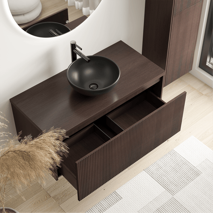 Meuble de salle de bain suspendu finition noyer avec vasque céramique noire - 100 cm - Messina