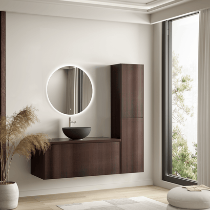 Meuble de salle de bain suspendu finition noyer avec vasque céramique noire - 100 cm - Messina