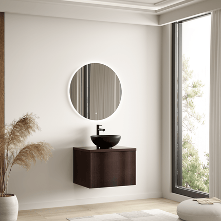 Meuble de salle de bains suspendu à nervures arrondies avec vasque céramique noire - Noyer - 60 cm - Messina