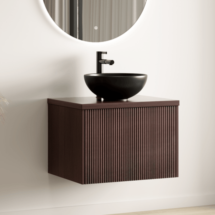 Meuble de salle de bains suspendu à nervures arrondies avec vasque céramique noire - Noyer - 60 cm - Messina