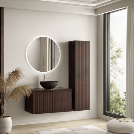 Meuble de salle de bain suspendu cannelé avec vasque céramique noire - noyer - 80 cm - Messina