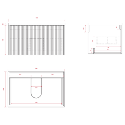 Meuble de salle de bain suspendu cannelé avec vasque céramique noire - noyer - 80 cm - Messina