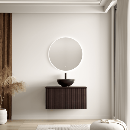 Meuble de salle de bain suspendu cannelé avec vasque céramique noire - noyer - 80 cm - Messina