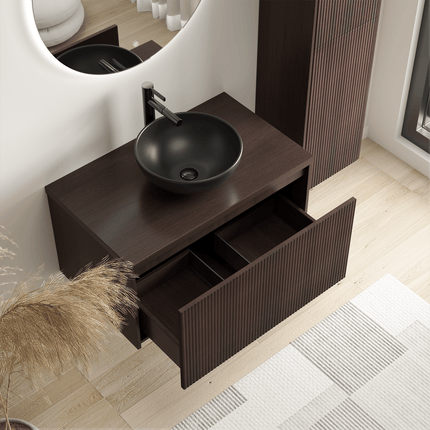 Meuble de salle de bain suspendu cannelé avec vasque céramique noire - noyer - 80 cm - Messina