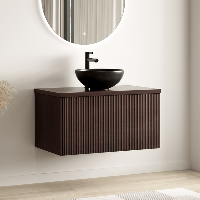 Meuble de salle de bain suspendu cannelé avec vasque céramique noire - noyer - 80 cm - Messina