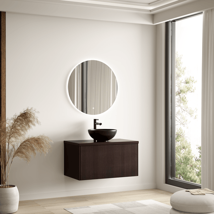 Meuble de salle de bain suspendu cannelé avec vasque céramique noire - noyer - 80 cm - Messina