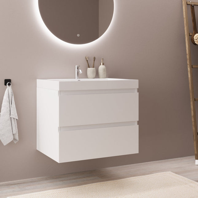 Meuble de salle de bain suspendu design épuré avec vasque blanche - Blanc brillant - 60 cm - Monaco