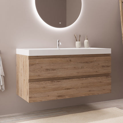 Meuble de salle de bain suspendu élégant avec vasque blanche intégrée - Chêne - 100 cm - Monaco