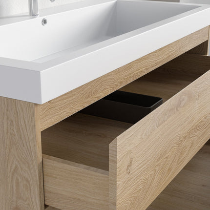Meuble de salle de bain suspendu élégant avec vasque blanche intégrée - Chêne - 100 cm - Monaco