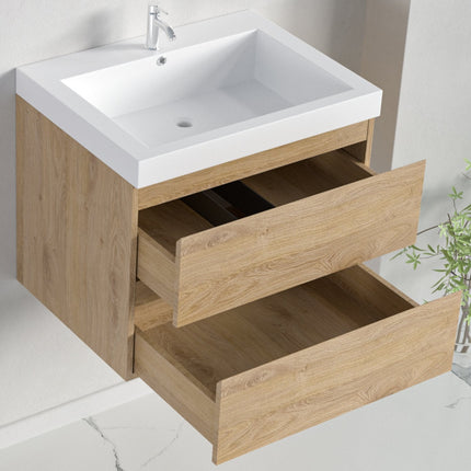 Meuble de salle de bain suspendu chêne clair avec vasque blanche - 60 cm - Monaco
