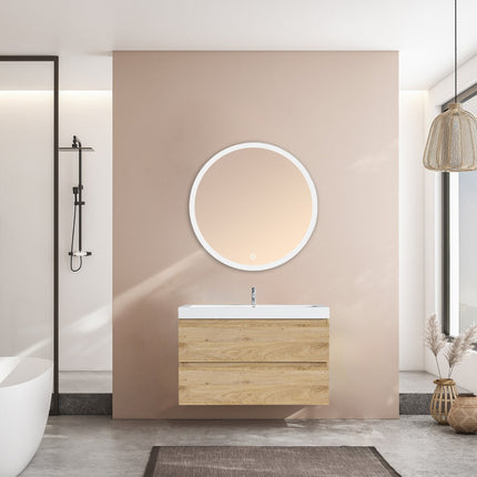 Meuble de salle de bain suspendu design épuré avec vasque intégrée - Blanc et chêne - 80 cm - Monaco