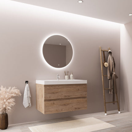 Meuble de salle de bain suspendu design épuré avec vasque intégrée - Blanc et chêne - 80 cm - Monaco