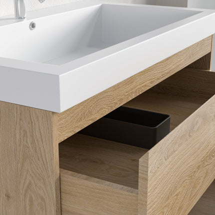 Meuble de salle de bain suspendu design épuré avec vasque intégrée - Blanc et chêne - 80 cm - Monaco