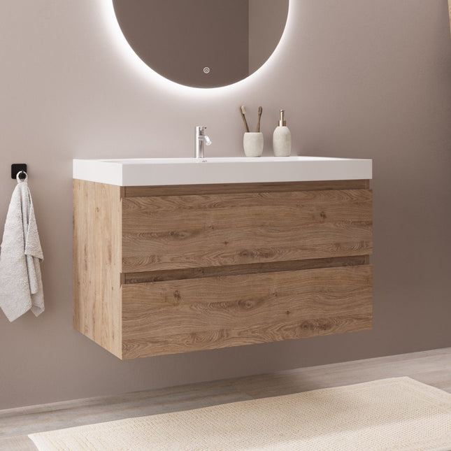 Meuble de salle de bain suspendu design épuré avec vasque intégrée - Blanc et chêne - 80 cm - Monaco