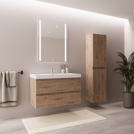 Meuble de salle de bain suspendu design épuré avec vasque intégrée - Blanc et chêne - 80 cm - Monaco