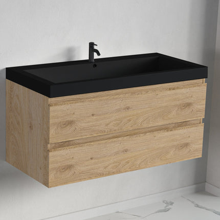 Meuble de salle de bain suspendu finition chêne avec vasque intégrée - noir - 100 cm - Monaco