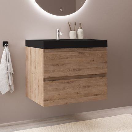 Meuble de salle de bains suspendu avec vasque noire - chêne clair - 60 cm - Monaco