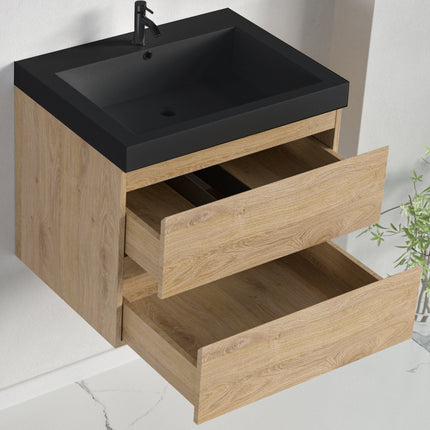Meuble de salle de bains suspendu avec vasque noire - chêne clair - 60 cm - Monaco