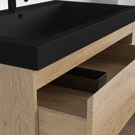 Meuble suspendu avec vasque noire - Chêne - 80 cm - MONACO Lumière