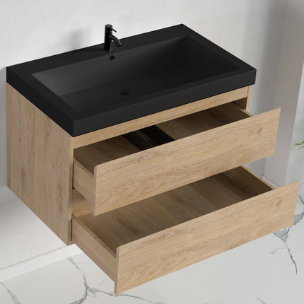 Meuble suspendu avec vasque noire - Chêne - 80 cm - MONACO Lumière