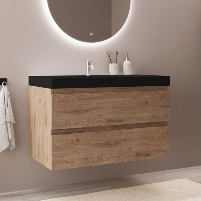 Meuble suspendu avec vasque noire - Chêne - 80 cm - MONACO Lumière
