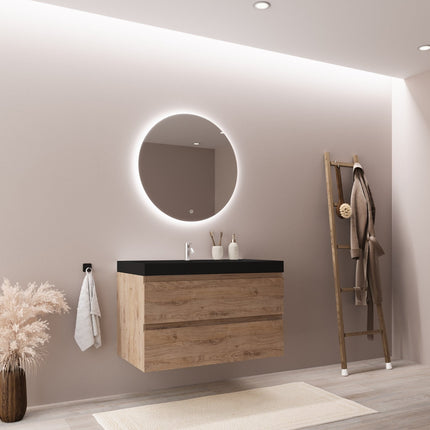 Meuble suspendu avec vasque noire - Chêne - 80 cm - MONACO Lumière