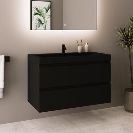 Meuble de salle de bain suspendu mat avec vasque intégrée - noir - 80 cm - Monaco