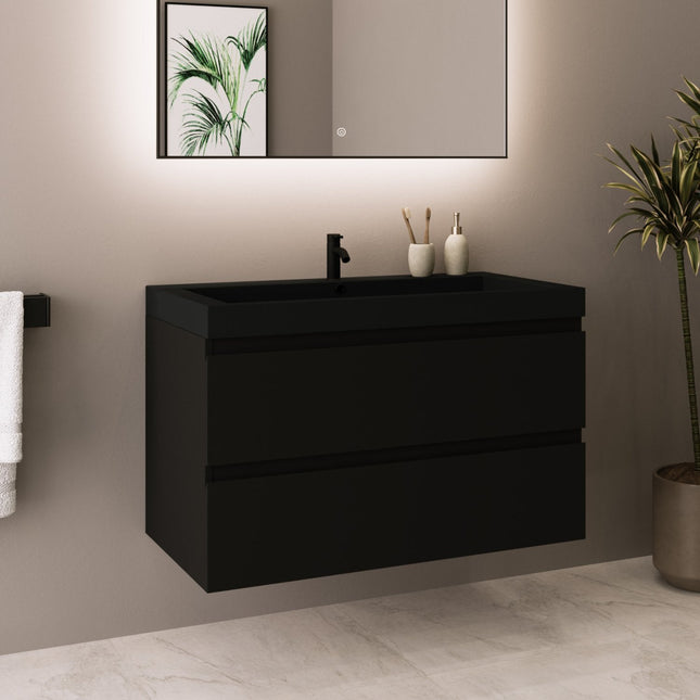Meuble de salle de bain suspendu mat avec vasque intégrée - noir - 80 cm - Monaco