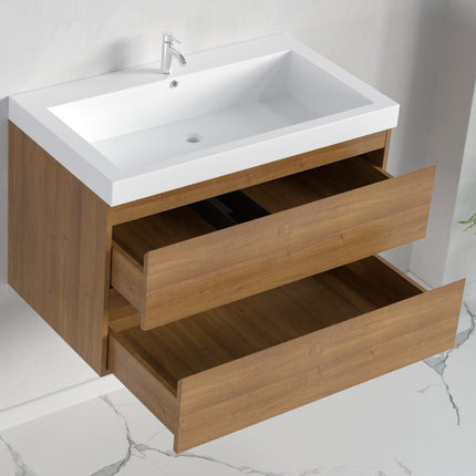 Meuble de salle de bain suspendu design avec vasque blanche intégrée - Warm Eiken - 80 cm - Monaco