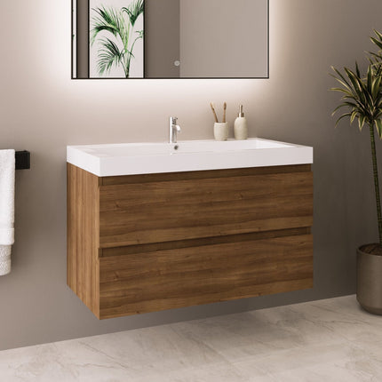 Meuble de salle de bain suspendu design avec vasque blanche intégrée - Warm Eiken - 80 cm - Monaco