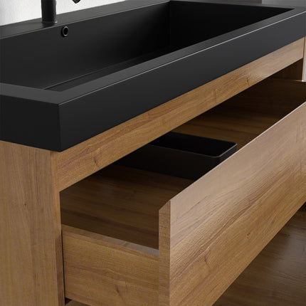 Meuble de salle de bain suspendu design avec vasque noire - Warm Eiken - 100 cm - Monaco