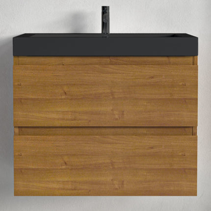 Meuble de salle de bain suspendu finition Warm Eiken avec vasque lavabo noir - 60 cm - Monaco