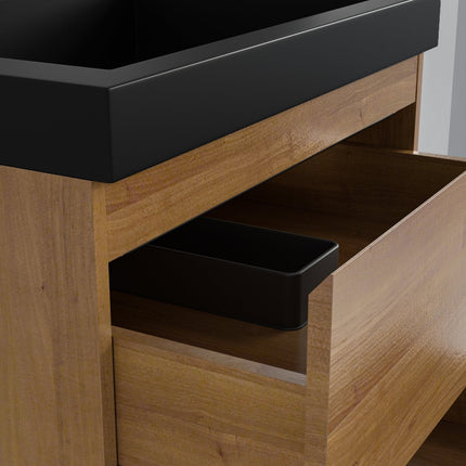 Meuble de salle de bain suspendu finition Warm Eiken avec vasque lavabo noir - 60 cm - Monaco