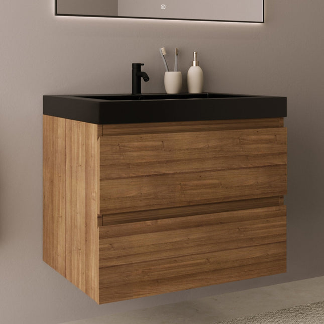 Meuble de salle de bain suspendu finition Warm Eiken avec vasque lavabo noir - 60 cm - Monaco