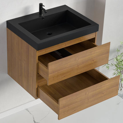 Meuble de salle de bain suspendu finition Warm Eiken avec vasque lavabo noir - 60 cm - Monaco
