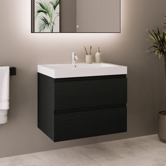 Meuble de salle de bain suspendu design avec lavabo blanc - Chêne Noir - 60cm - Monaco