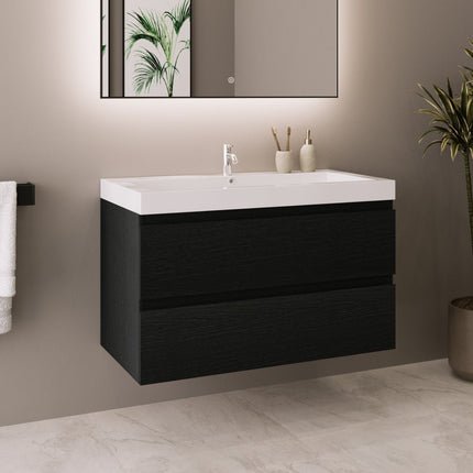 Meuble de salle de bain suspendu design contemporain avec vasque blanche intégrée - chêne noir - 80 cm - Monaco