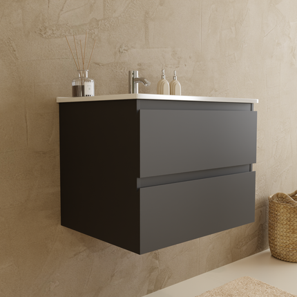 Ensemble meuble suspendu design avec vasque blanche - Noir mat - 60 cm - Verona